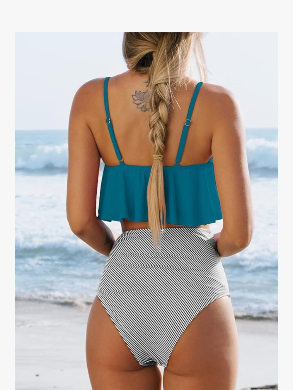 Cupshe-Teal Ruffle Flounce Bikini Top with High-Waist Striped Bottoms - Picture 3 of 5